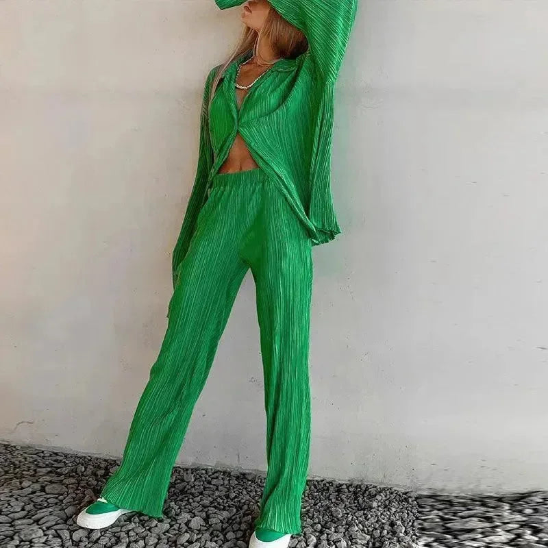Women Vibrant Pleated Two-Piece Pants Set - Pleated Pants Set - LeStyleParfait
