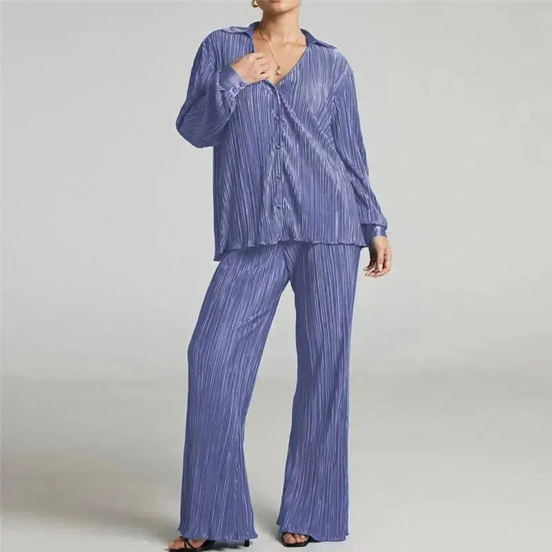 Women Vibrant Pleated Two-Piece Pants Set - Pleated Pants Set - LeStyleParfait
