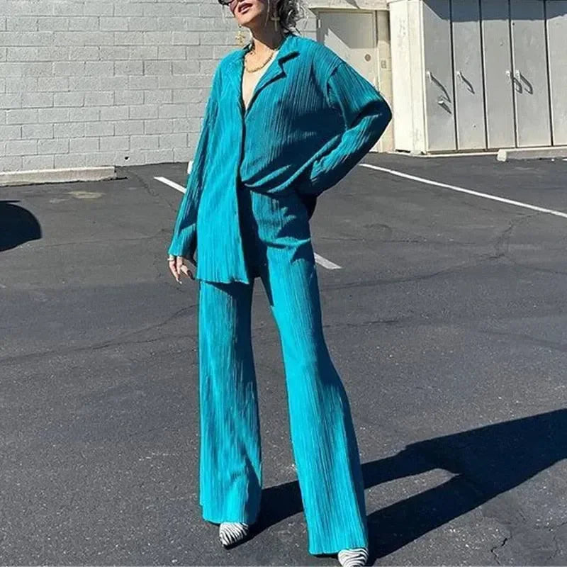 Women Vibrant Pleated Two-Piece Pants Set - Pleated Pants Set - LeStyleParfait