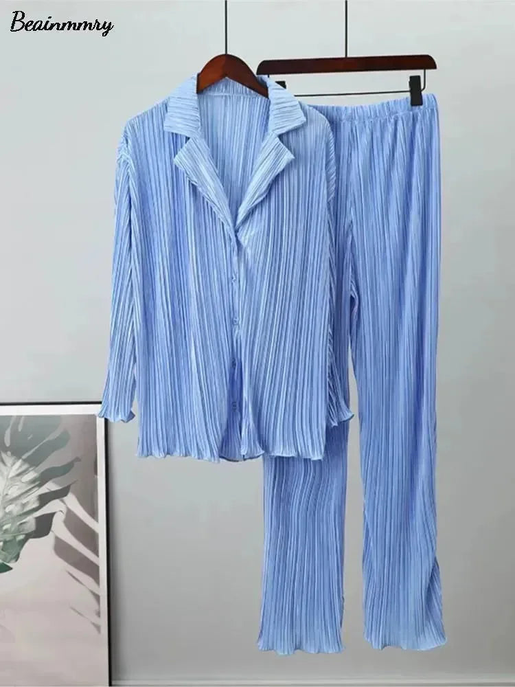 Women Vibrant Pleated Two-Piece Pants Set - Pleated Pants Set - LeStyleParfait