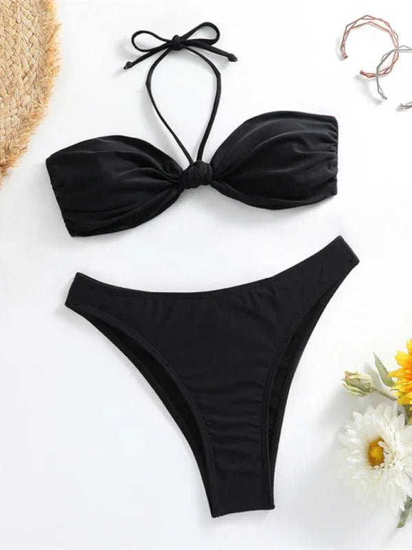 Women White Bandeau String Bikini Set