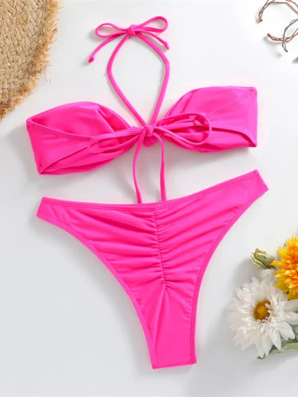 Women White Bandeau String Bikini Set