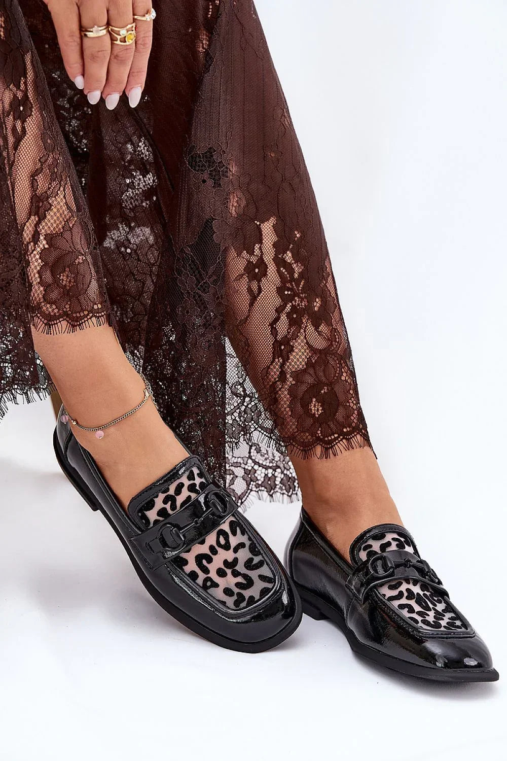 Women’s animal print mesh detail leather moccasins, elegant women’s leather office flats for spring and autumn