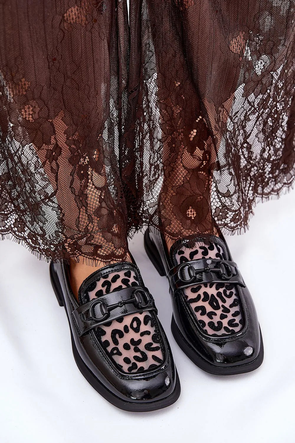 Women’s animal print mesh detail leather moccasins, elegant women’s leather office flats for spring and autumn