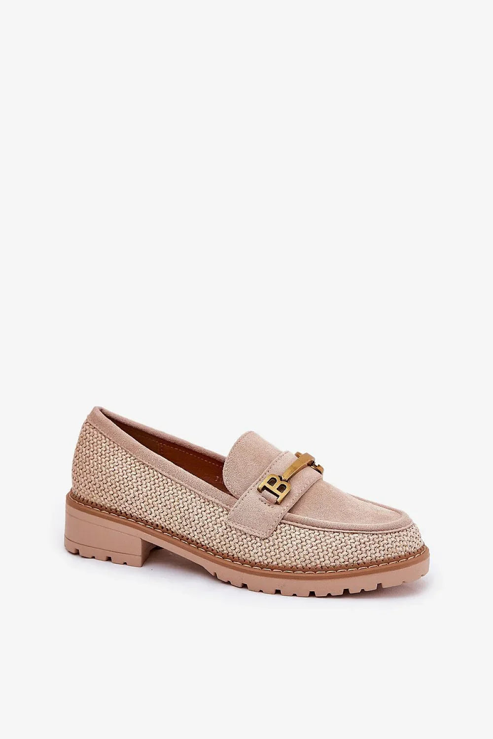 Women’s beige eco suede block heel moccasin loafers, decorative braid women’s loafers for daily wear