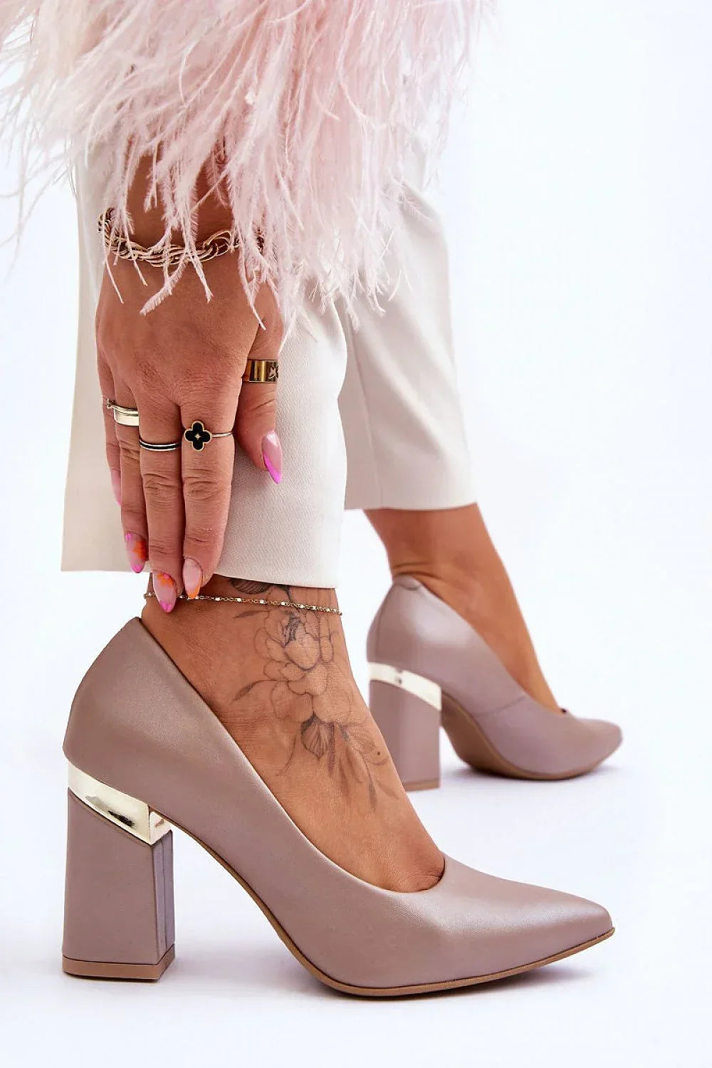 Women's Beige Leather Pointed Toe Block Heel Pumps-Pumps Shoes-LeStyleParfait