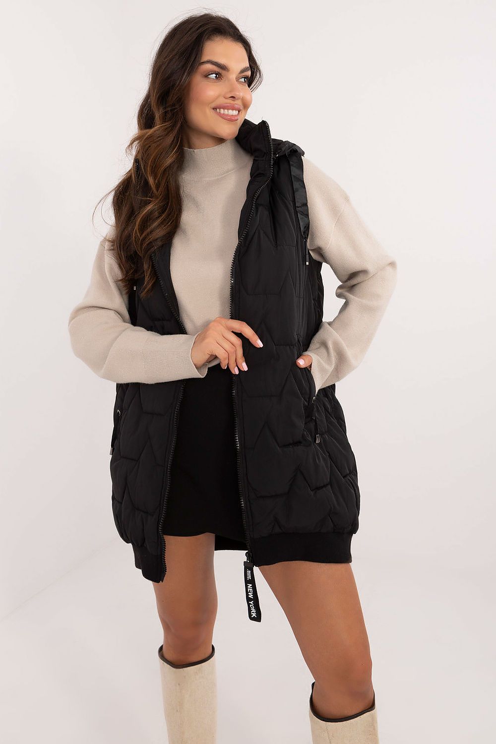 Women's Beige Longline Hooded Quilted Vest-Women's Vest-black-s-LeStyleParfait