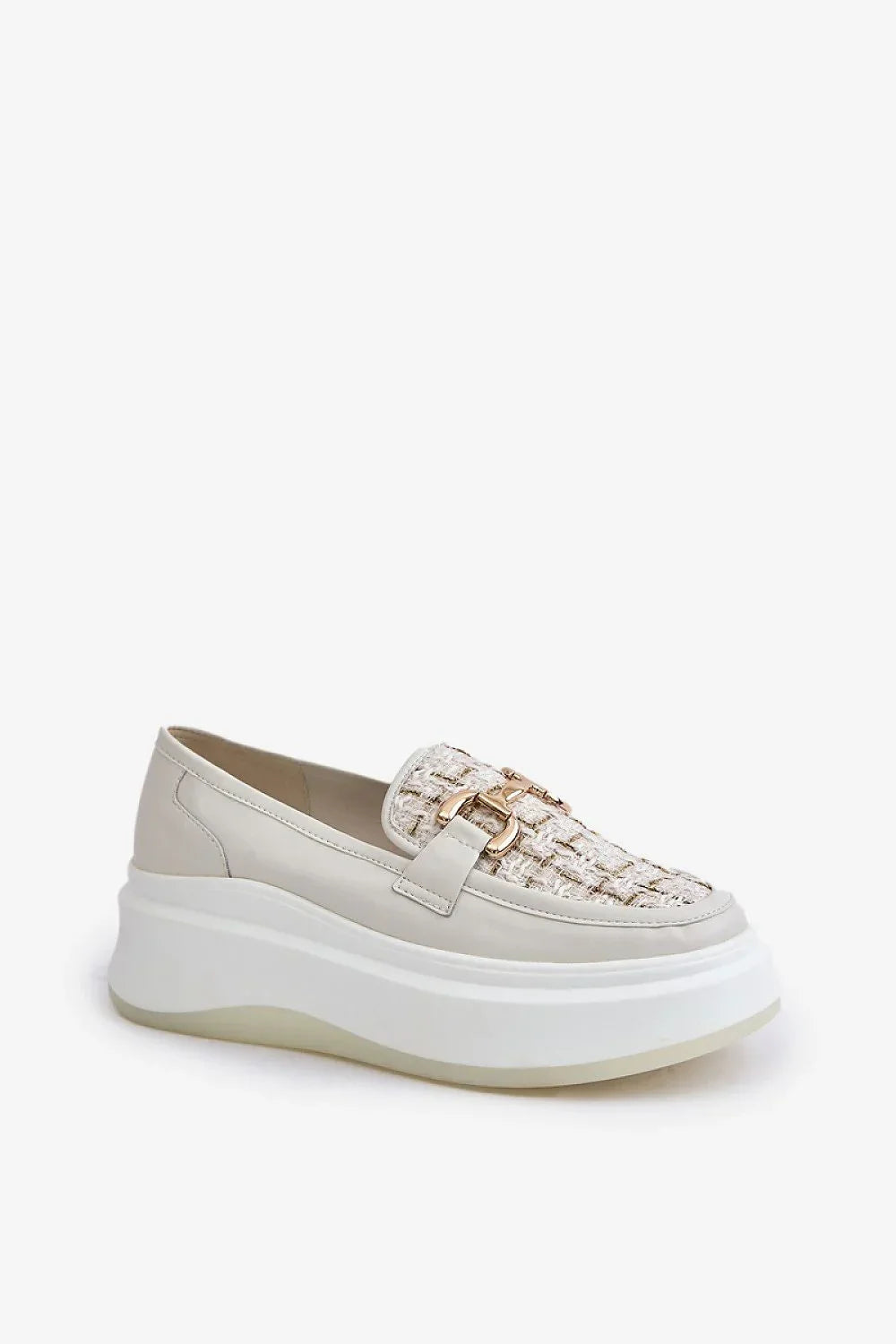 Women’s beige natural leather platform horsebit moccasin loafers, elegant women’s platform loafers for spring–autumn