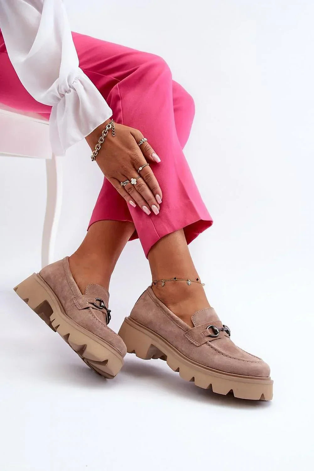 Women’s beige suede platform horsebit loafers, chunky women’s platform loafers from Platform Shoes