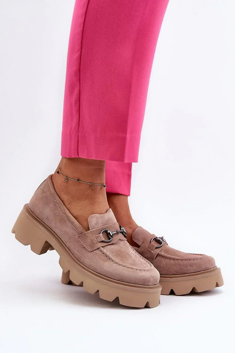 Women’s beige suede platform horsebit loafers, chunky women’s platform loafers from Platform Shoes