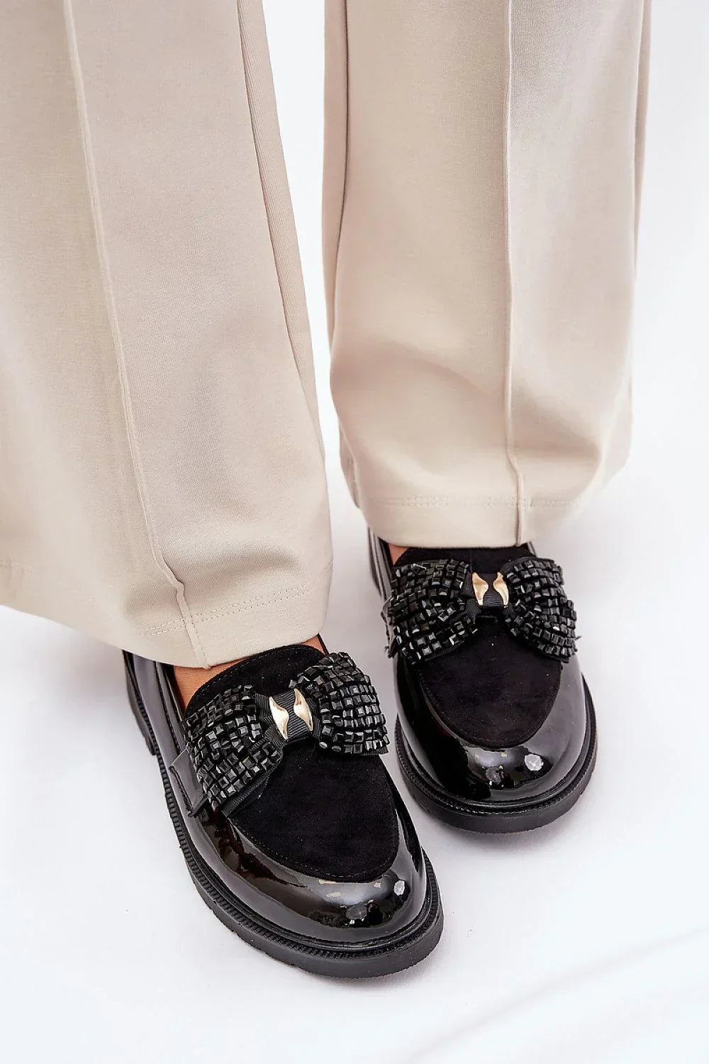 Women’s black bow detail block heel moccasin loafers, casual faux leather women’s loafers