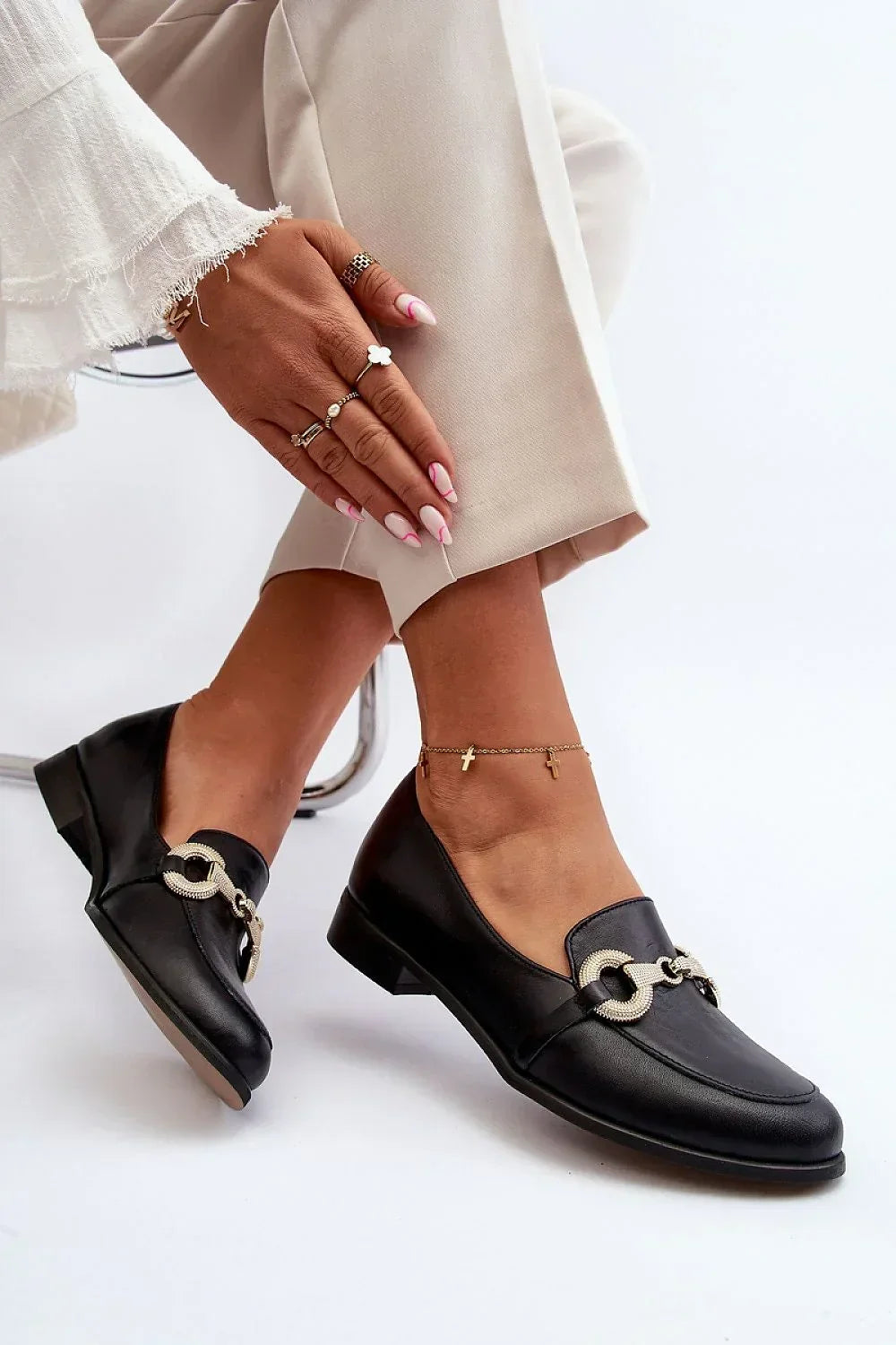 Women’s black leather horsebit moccasin loafers, elegant black women’s horsebit loafers for office and events