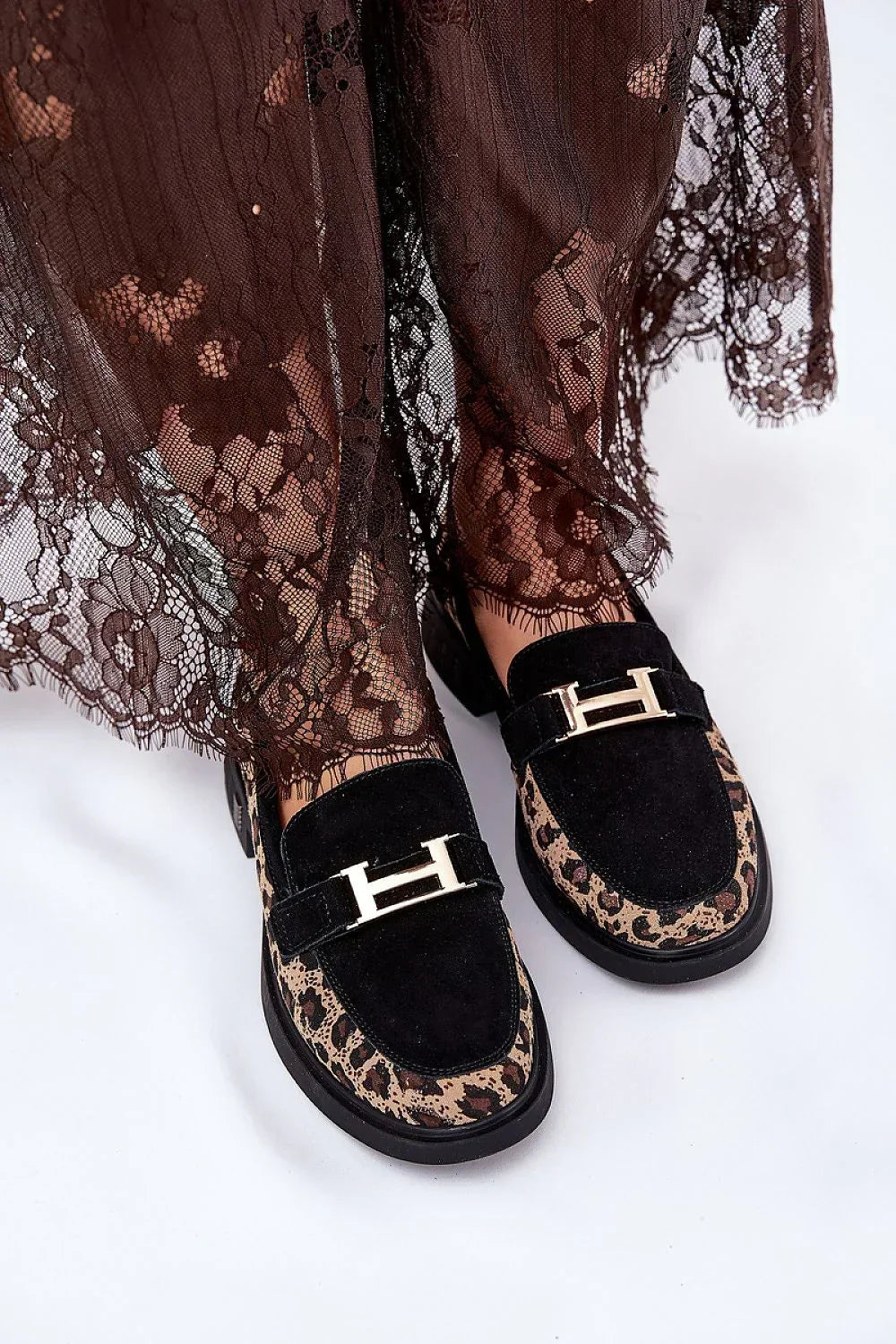 Women’s black leopard suede moccasin loafers, trendy animal print flat women’s loafers