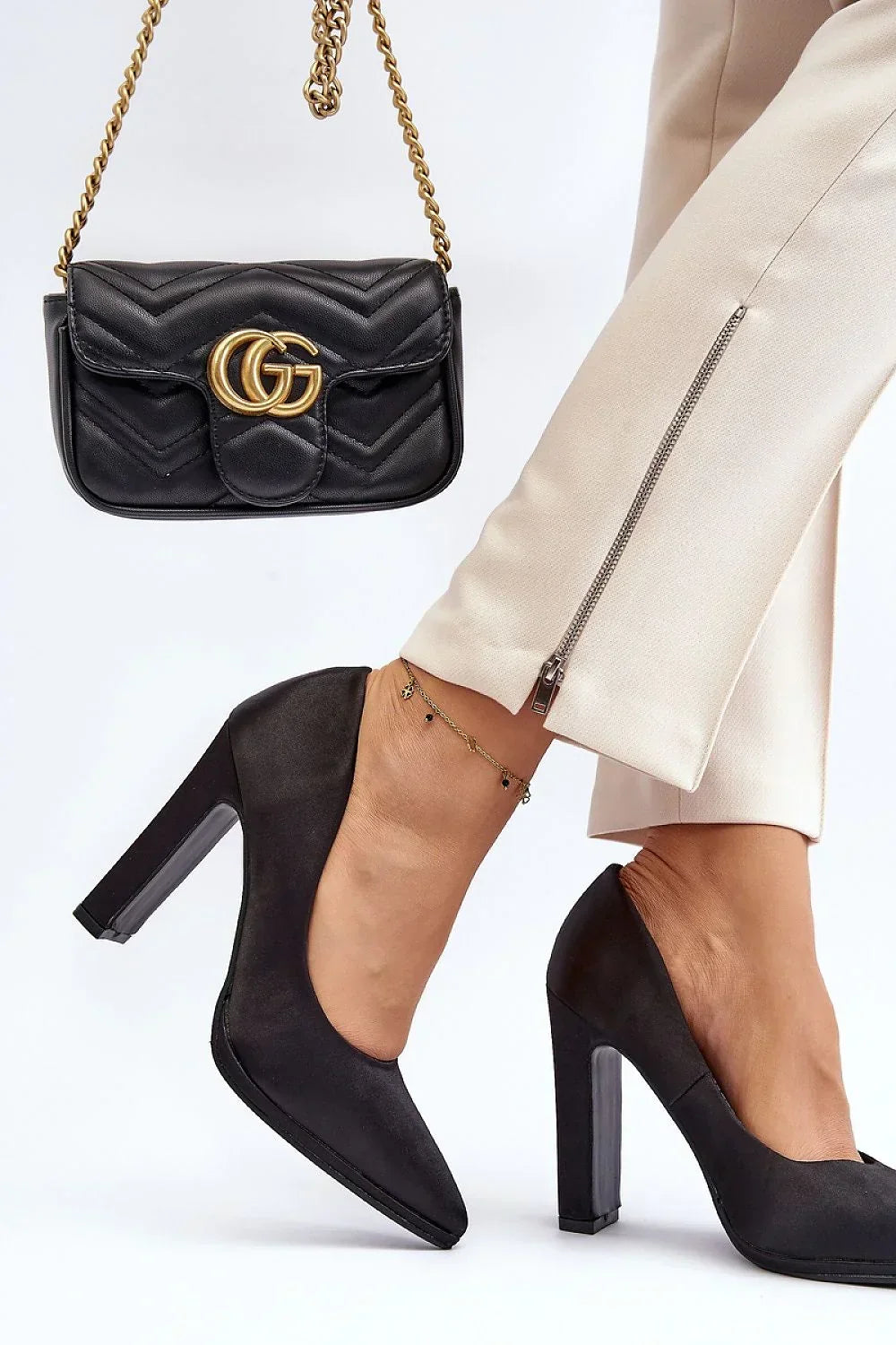 Women's Black Satin-Look Block Heel Pumps-Pumps Shoes-LeStyleParfait