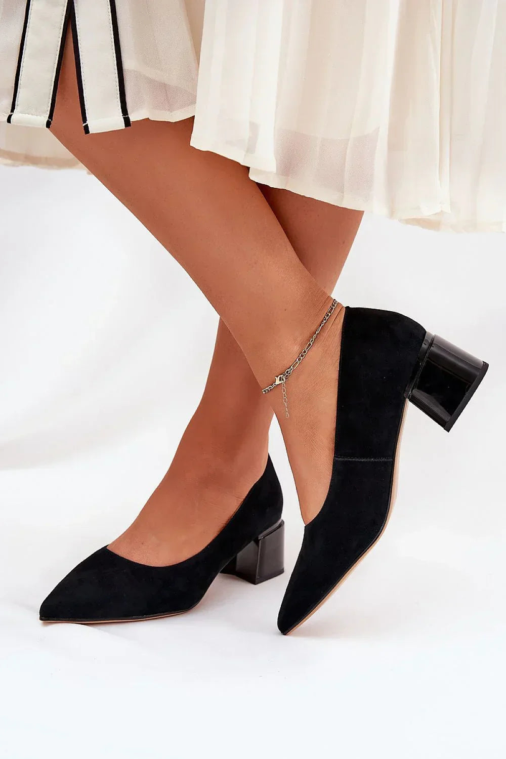 Women's Black Suede Pointed Toe Block Heel Pumps-Pumps Shoes-LeStyleParfait