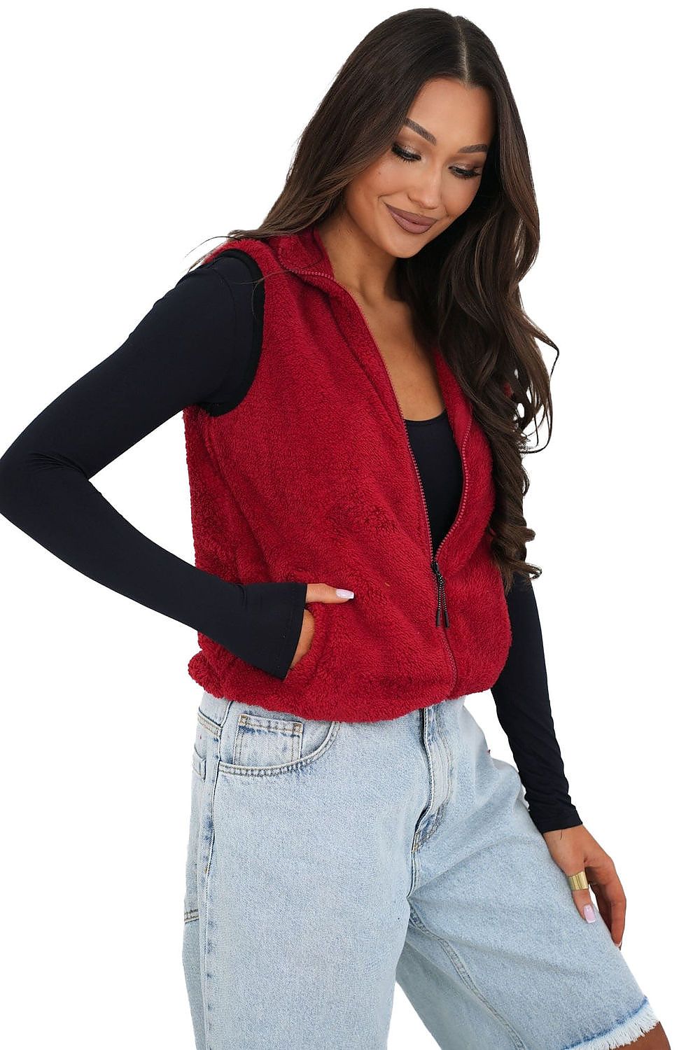 Women's Brown High Neck Faux Fur Vest-Women's Vest-red-XS/S-LeStyleParfait