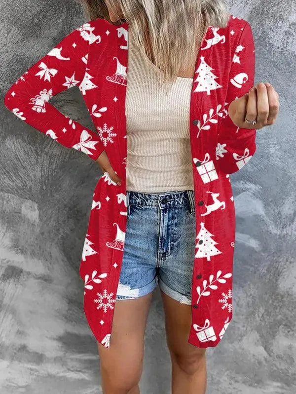 Women’s Christmas Graphic Cardigan Sweater – Festive V-Neck Longline