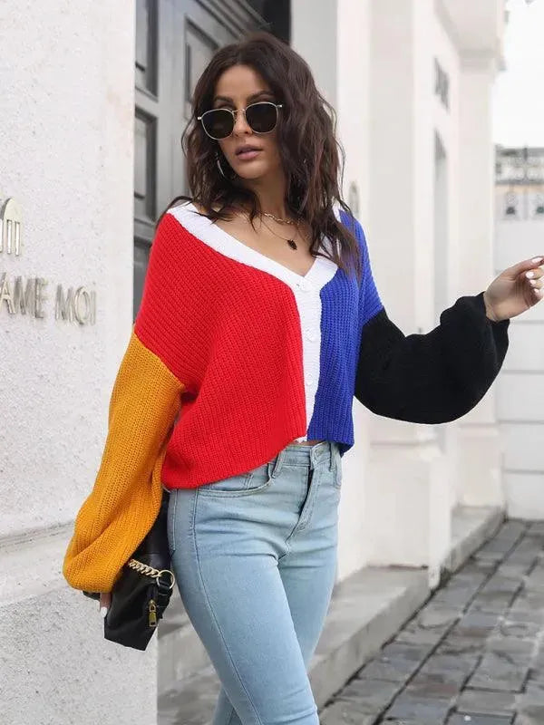 Women’s Colorblock V-Neck Cardigan Sweater – Button Knit