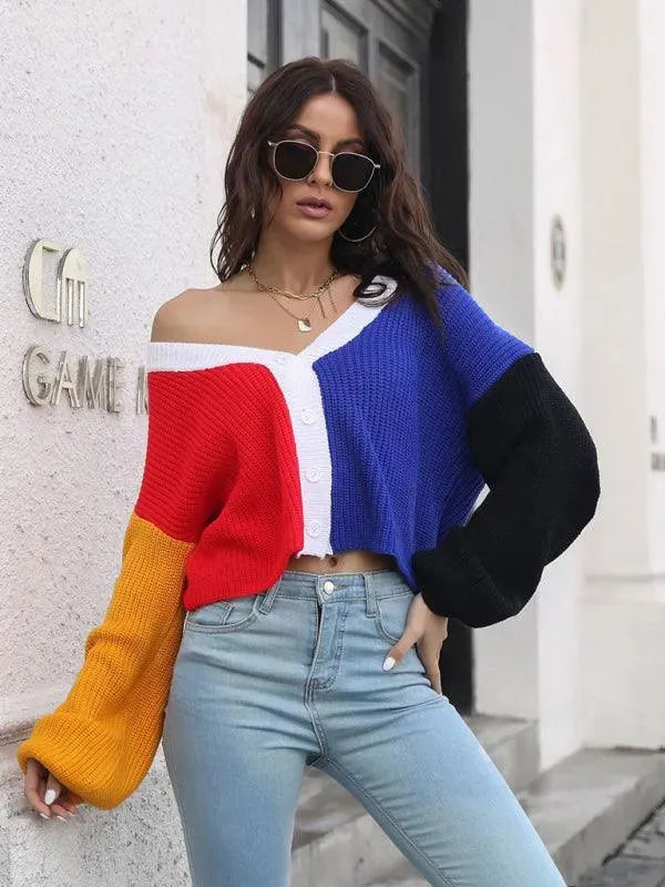 Women’s Colorblock V-Neck Cardigan Sweater – Button Knit