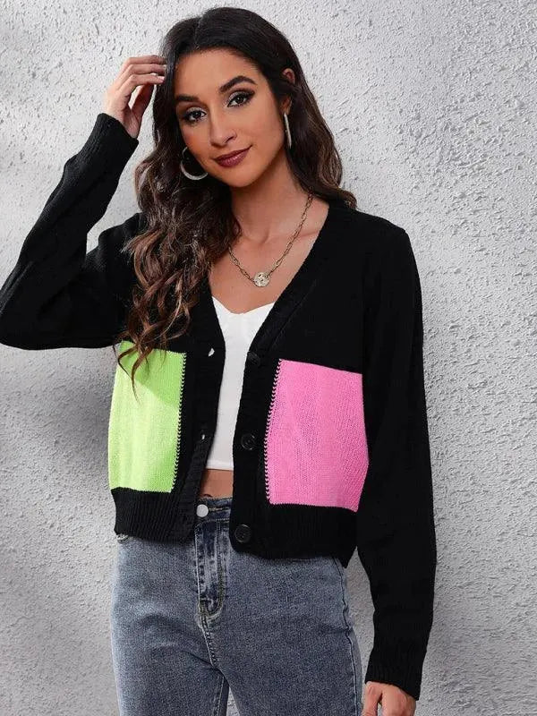 Women's Contrast Stitch V-Neck Button Cardigan Sweater