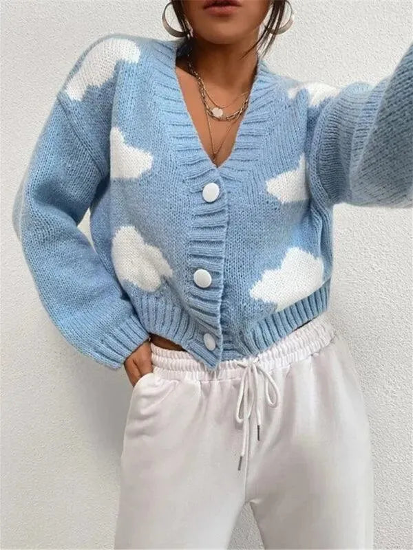 Women’s Cropped Graphic Cardigan Sweater – V-Neck Knit