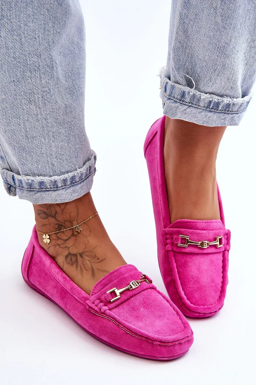 Women’s beige and pink eco suede horsebit moccasin loafers, flat women’s moccasin loafers for office and casual