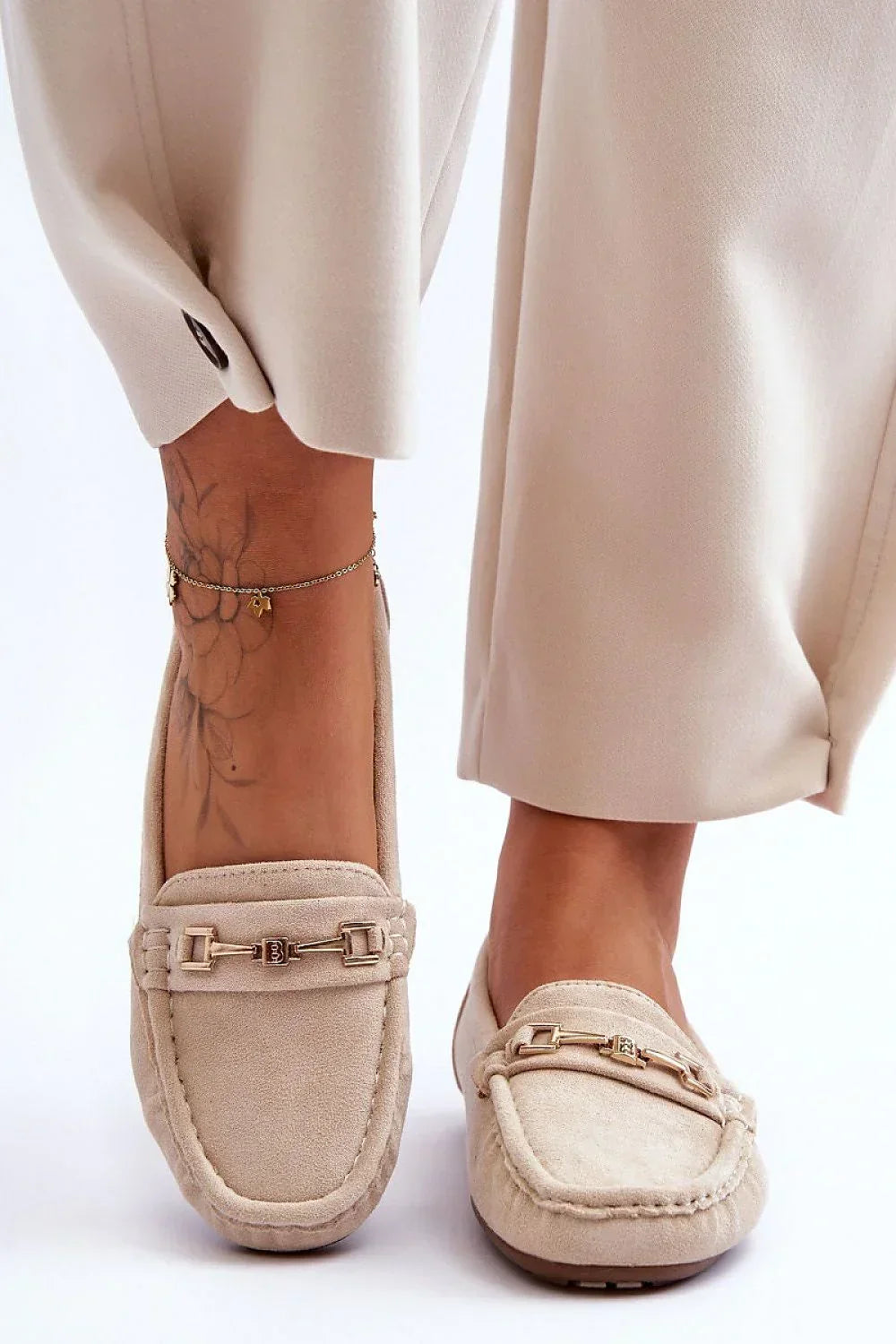 Women’s beige and pink eco suede horsebit moccasin loafers, flat women’s moccasin loafers for office and casual