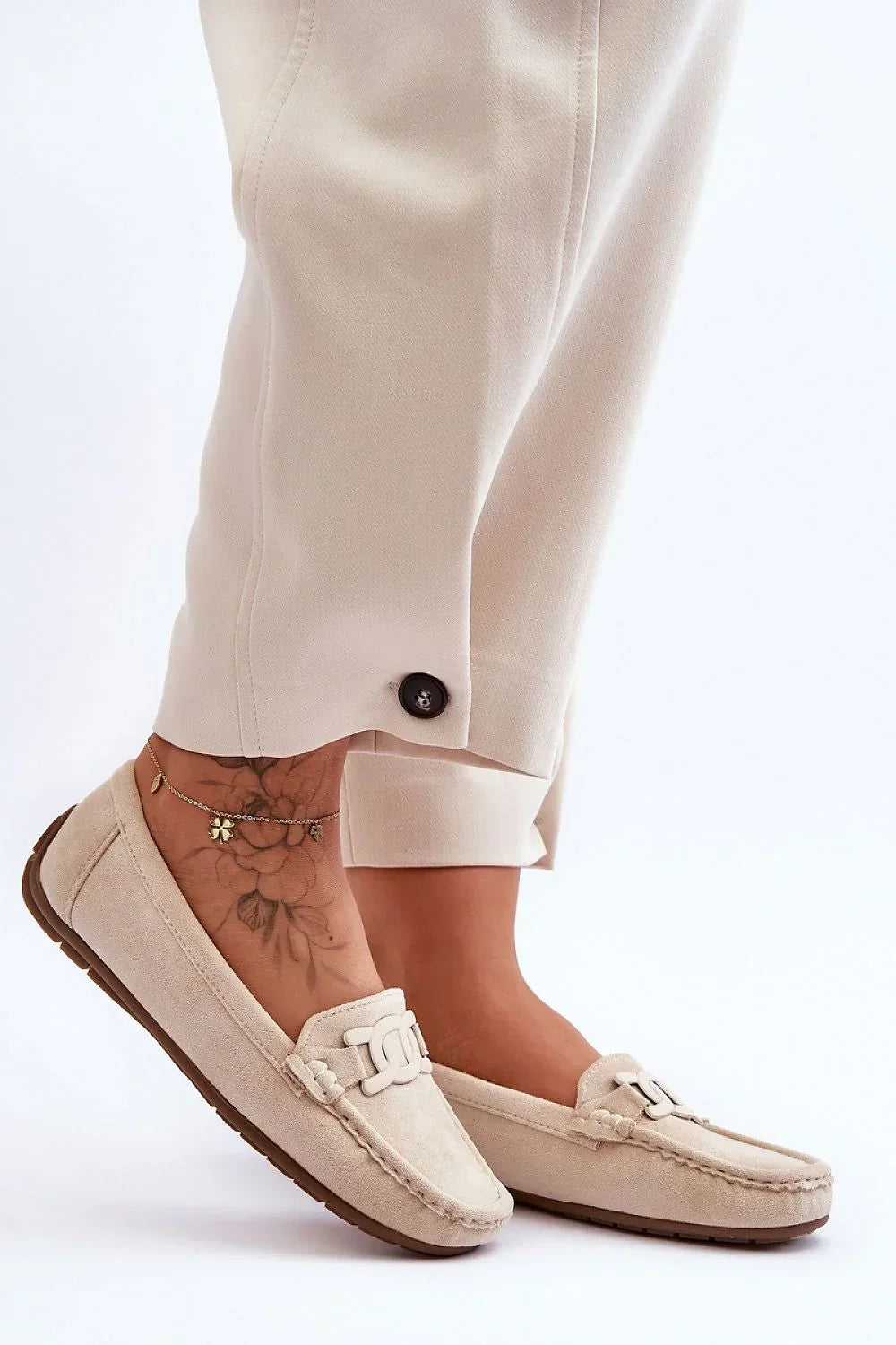 Women’s beige eco suede low heel moccasin loafers, slip on everyday women’s moccasin loafers