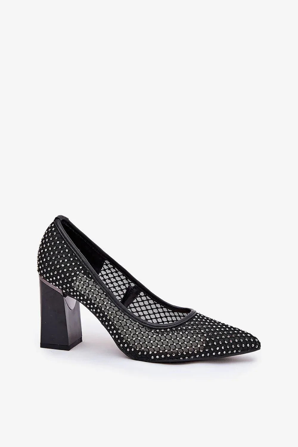 Women's Embellished Mesh Pointed Toe Block Heel Pumps-Pumps Shoes-LeStyleParfait