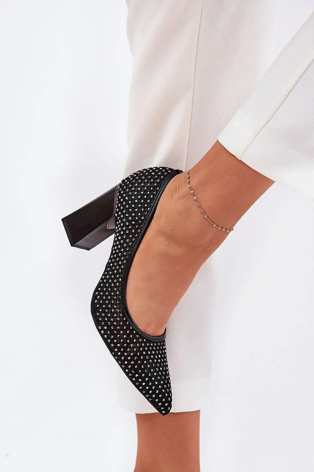Women's Embellished Mesh Pointed Toe Block Heel Pumps-Pumps Shoes-LeStyleParfait