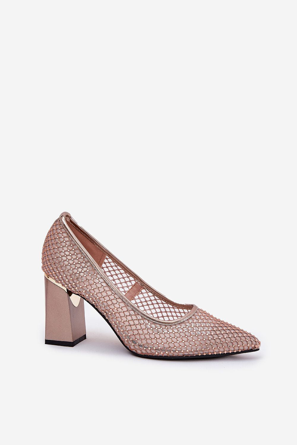 Women's Embellished Mesh Pointed Toe Block Heel Pumps-Pumps Shoes-LeStyleParfait