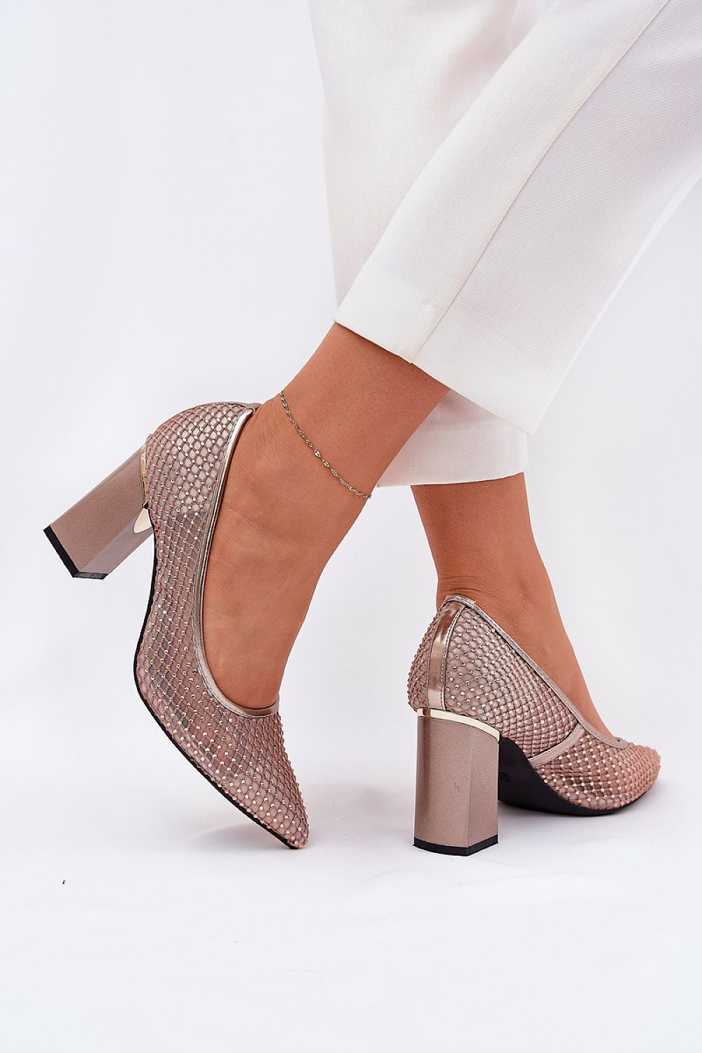 Women's Embellished Mesh Pointed Toe Block Heel Pumps-Pumps Shoes-LeStyleParfait