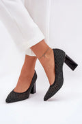 Women's Embellished Mesh Pointed Toe Block Heel Pumps-Pumps Shoes-LeStyleParfait
