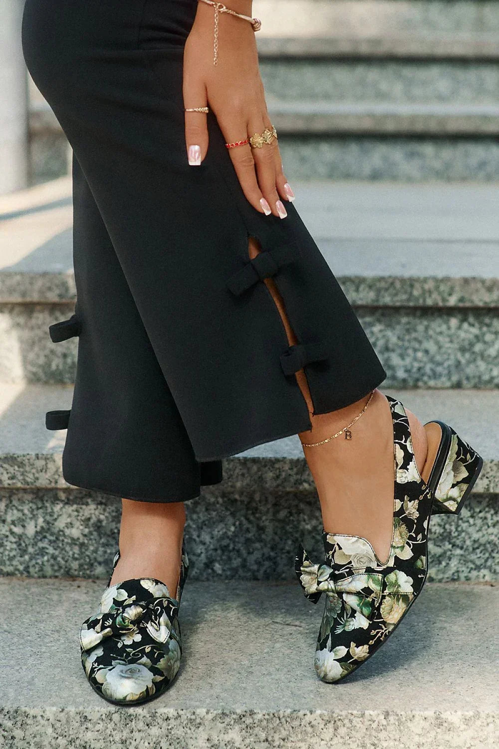 Women's Floral Leather Slingback Block Heel Pumps-Pumps Shoes-LeStyleParfait