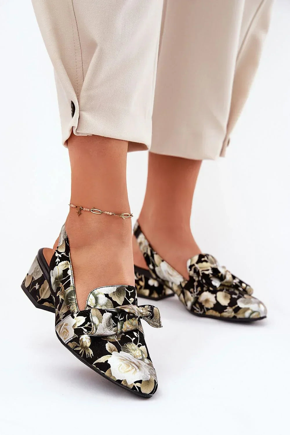 Women's Floral Leather Slingback Block Heel Pumps-Pumps Shoes-LeStyleParfait