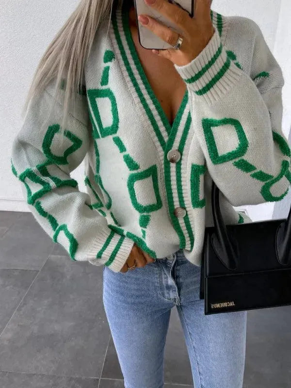 Women’s Geometric Drop-Sleeve Cardigan Sweater – V-Neck Knit
