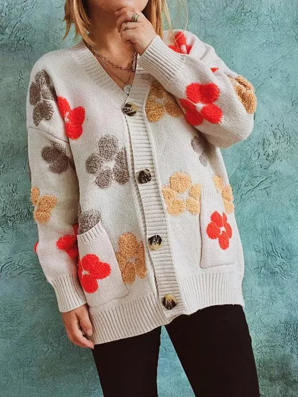 Women’s Jacquard Pocket Cardigan Sweater – V-Neck Knit