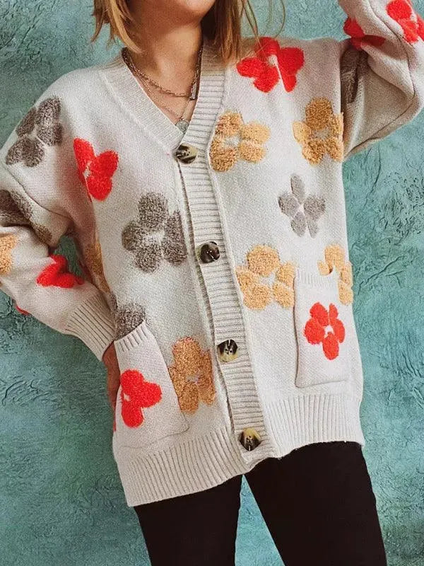 Women’s Jacquard Pocket Cardigan Sweater – V-Neck Knit