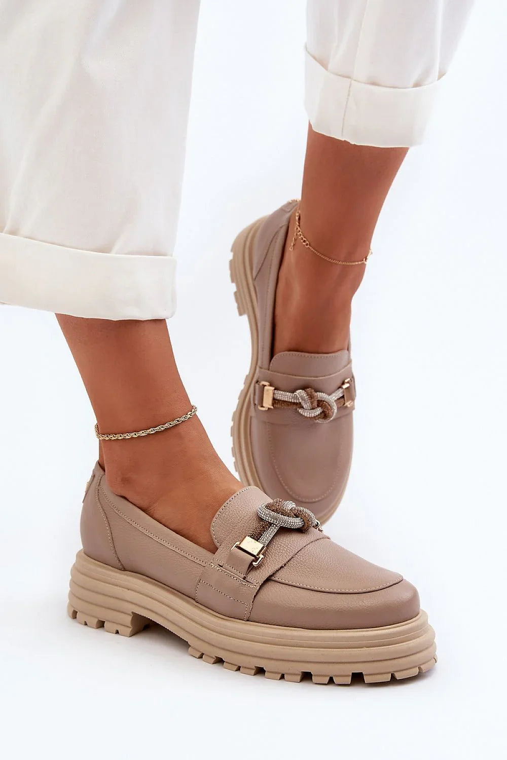 Women’s leather platform moccasin loafers, chunky slip on women’s platform loafers for spring and autumn