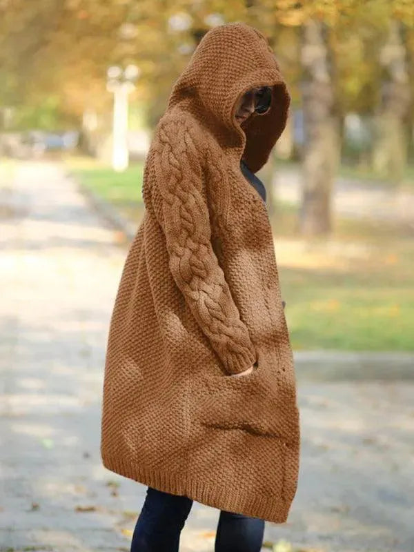 Women’s Long Hooded Cardigan Sweater – Button Front With Pockets