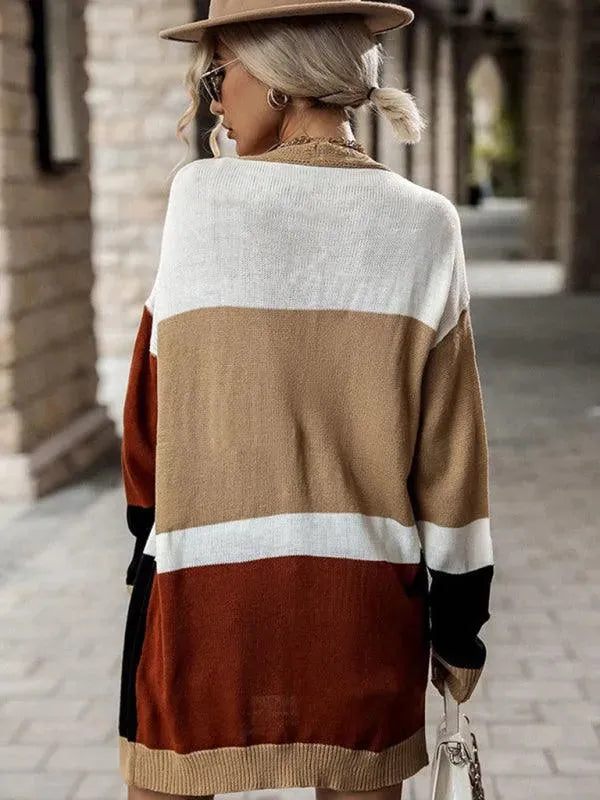Women's Multicolor Longline Crew Neck Cardigan Sweater