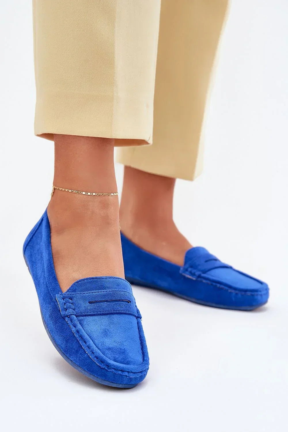 Women’s navy and violet penny driving moccasin loafers, flat women’s driving shoes for spring–summer