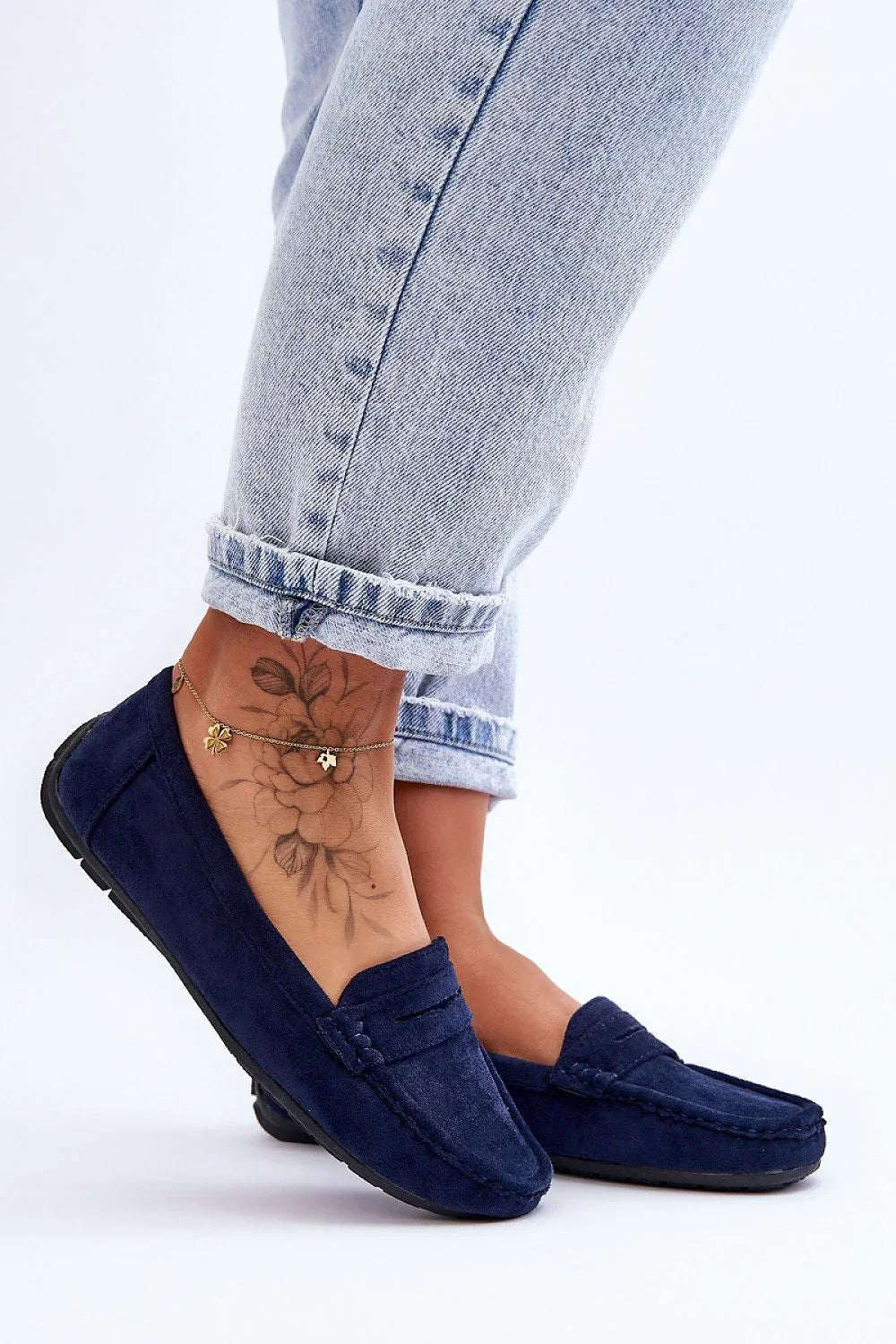 Women’s navy and violet penny driving moccasin loafers, flat women’s driving shoes for spring–summer
