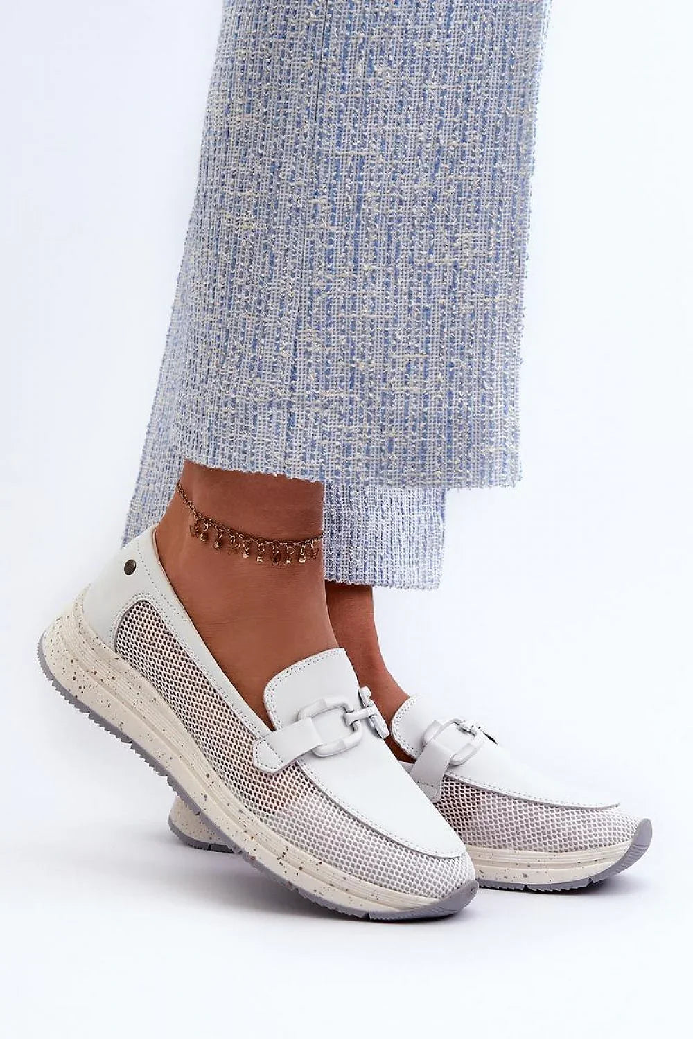 Women’s perforated horsebit leather platform moccasin loafers in white and beige, breathable spring–summer loafers