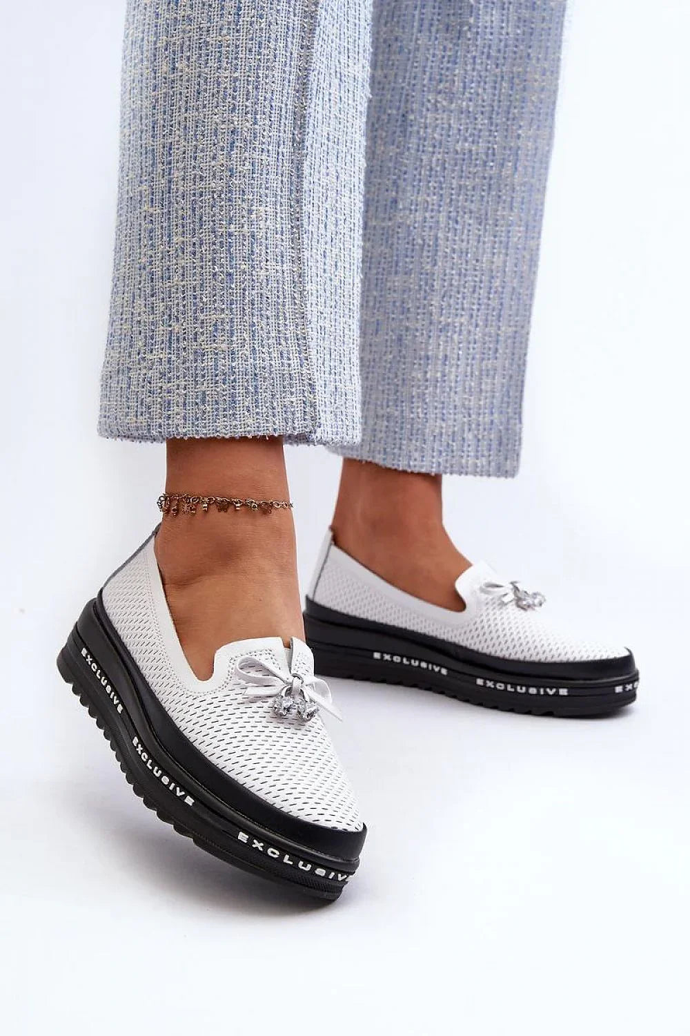 Women’s white perforated leather platform driving loafers, breathable women’s platform loafers for spring–summer