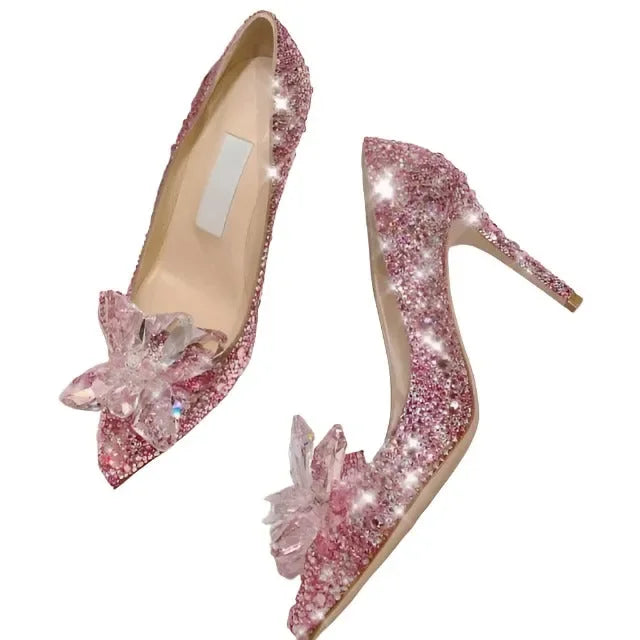 Women's Pink Crystal Embellished Pointed Toe Pumps-Pumps Shoes-LeStyleParfait