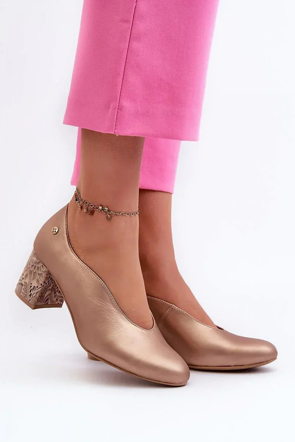 Women's Pink Floral Block Heel Pumps-Pumps Shoes-LeStyleParfait