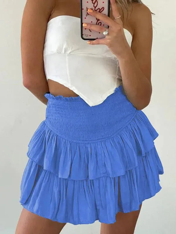 LeStyleParfait Women Skirts Ladies Sexy Mini Skirt Plain-Solid Drawstring-Elastic Waist-Tiered Mini Skirt