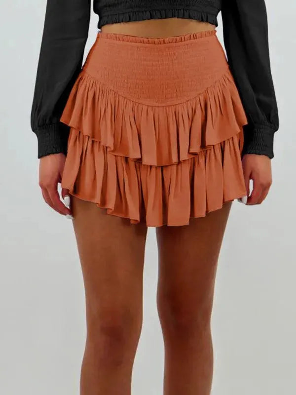 LeStyleParfait Women Skirts Ladies Sexy Mini Skirt Plain-Solid Drawstring-Elastic Waist-Tiered Mini Skirt