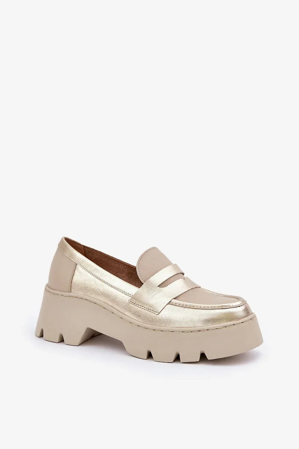Women’s yellow natural leather platform moccasin loafers, chunky heel women’s platform loafers for spring–summer